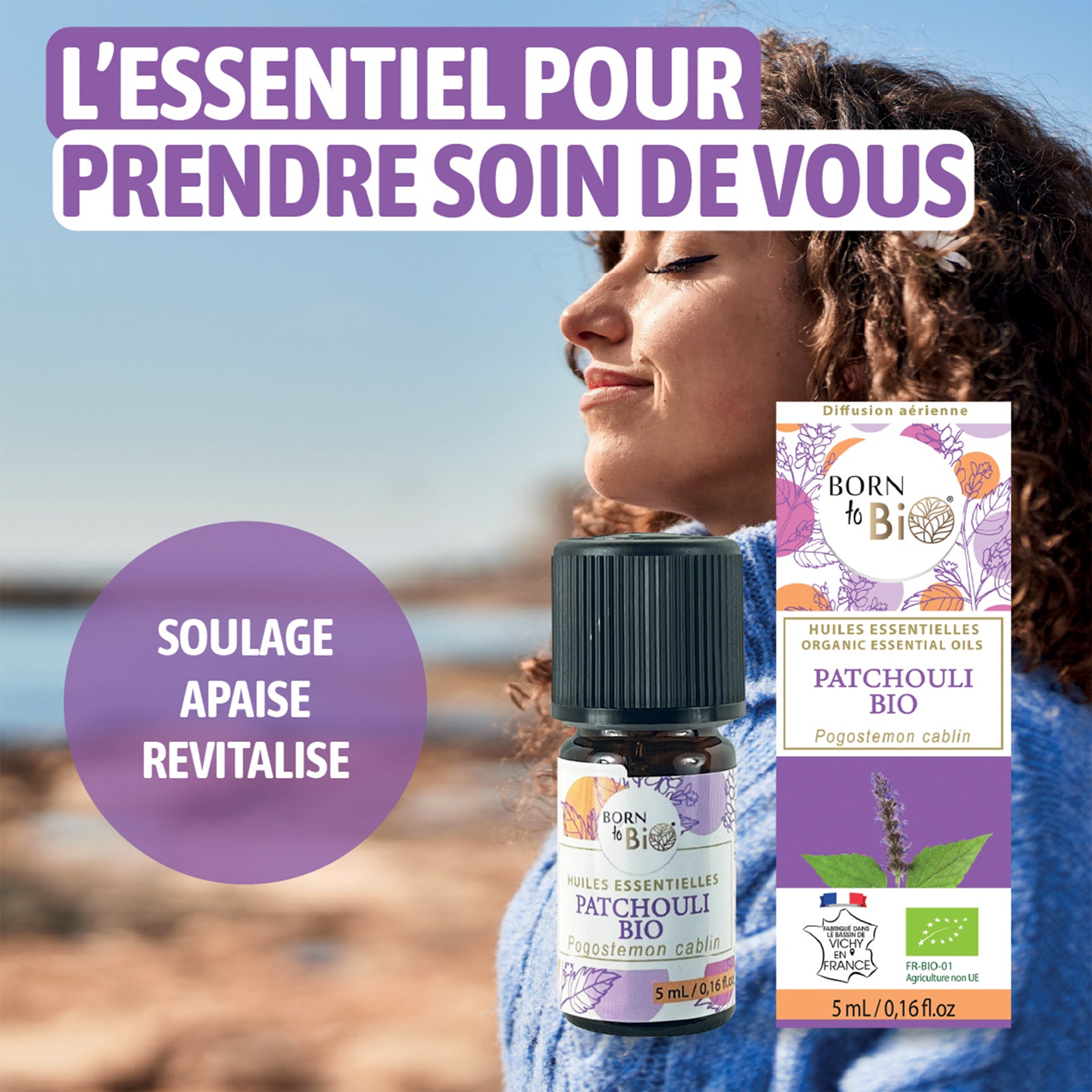 Huile essentielle de patchouli bio idéale pour un diffuseur, apportant une senteur boisée et musquée, parfaite pour réduire le stress et purifier l'air tout en favorisant la relaxation.