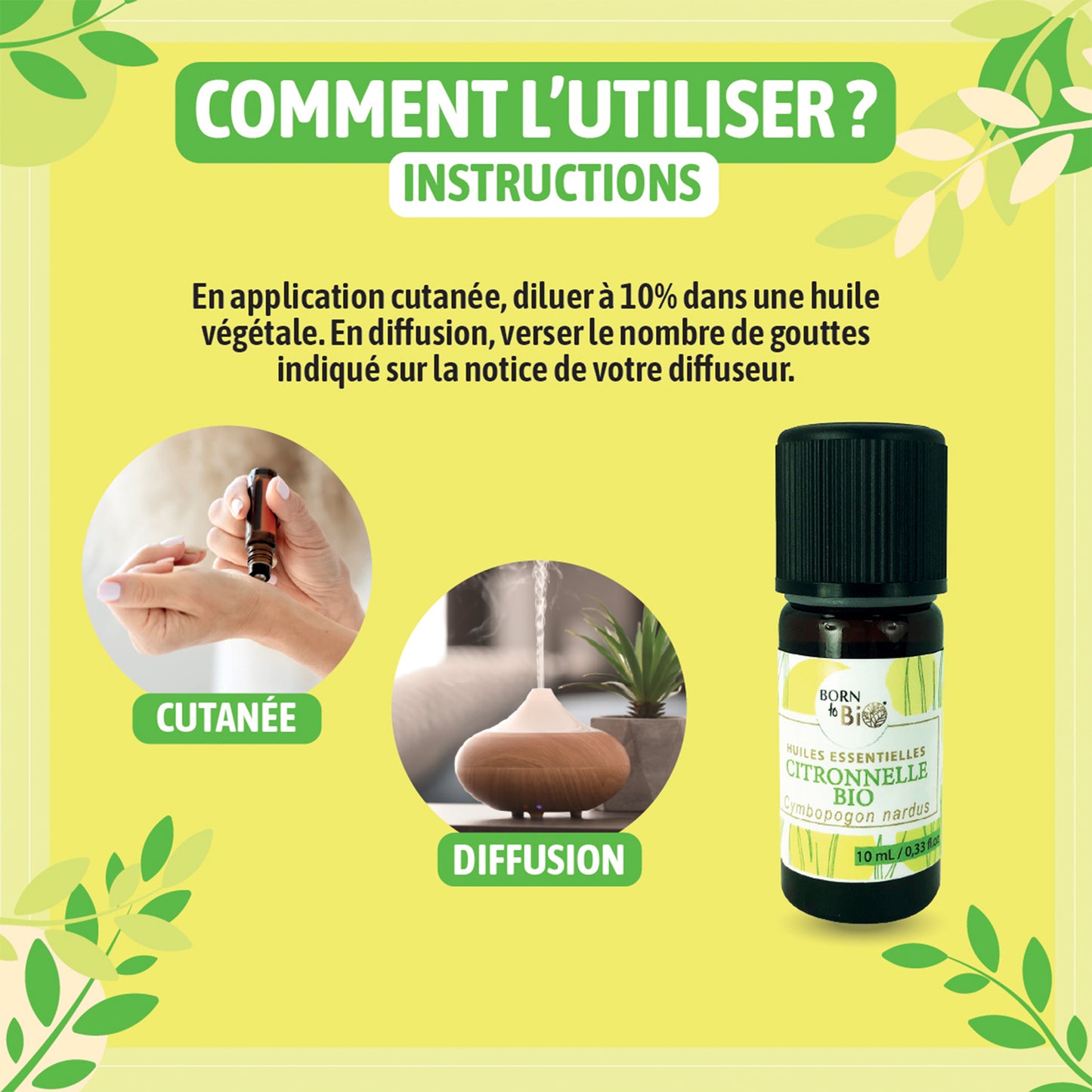 Flacon d'huile essentielle de citronnelle bio entouré d'ingrédients pour une recette DIY de diffuseur, offrant une ambiance relaxante et citronnée.