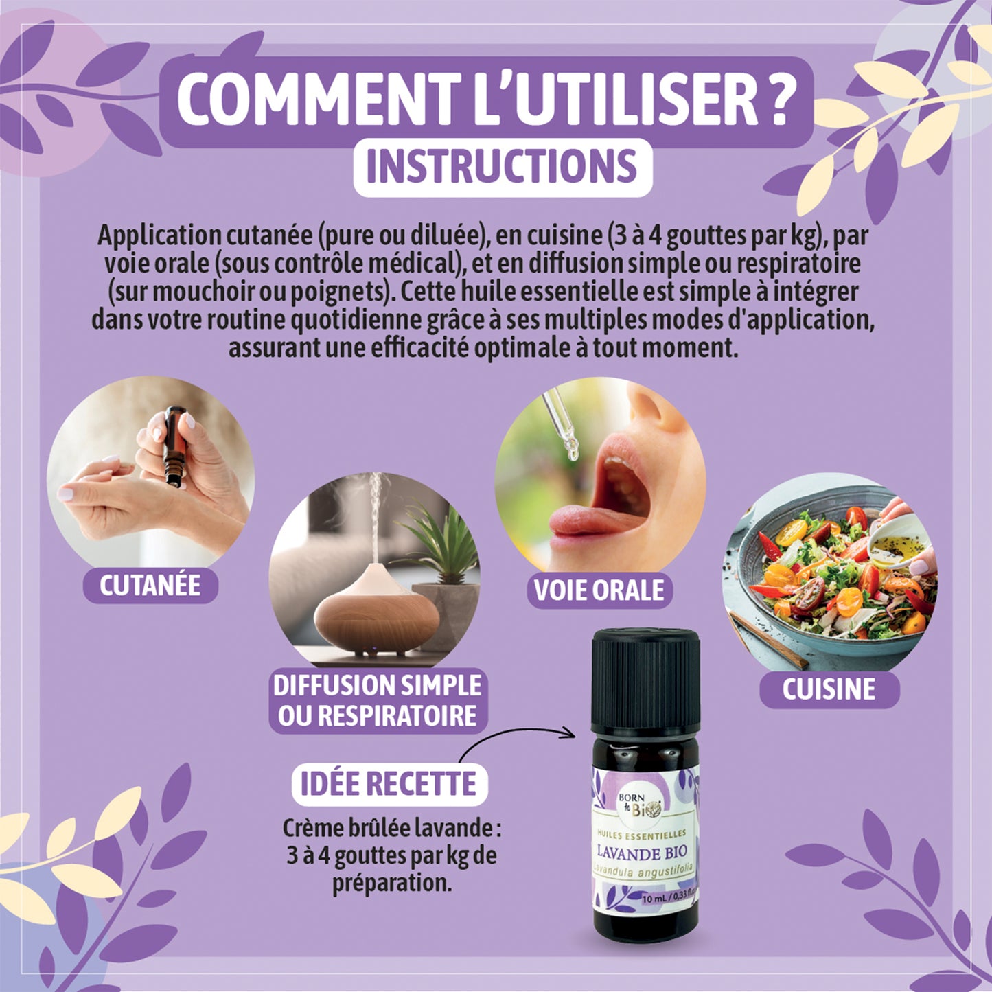 Flacon d'huile essentielle de lavande bio entouré d'ingrédients pour une recette DIY de spray d'oreiller relaxant, alliant efficacité et bienfaits naturels.