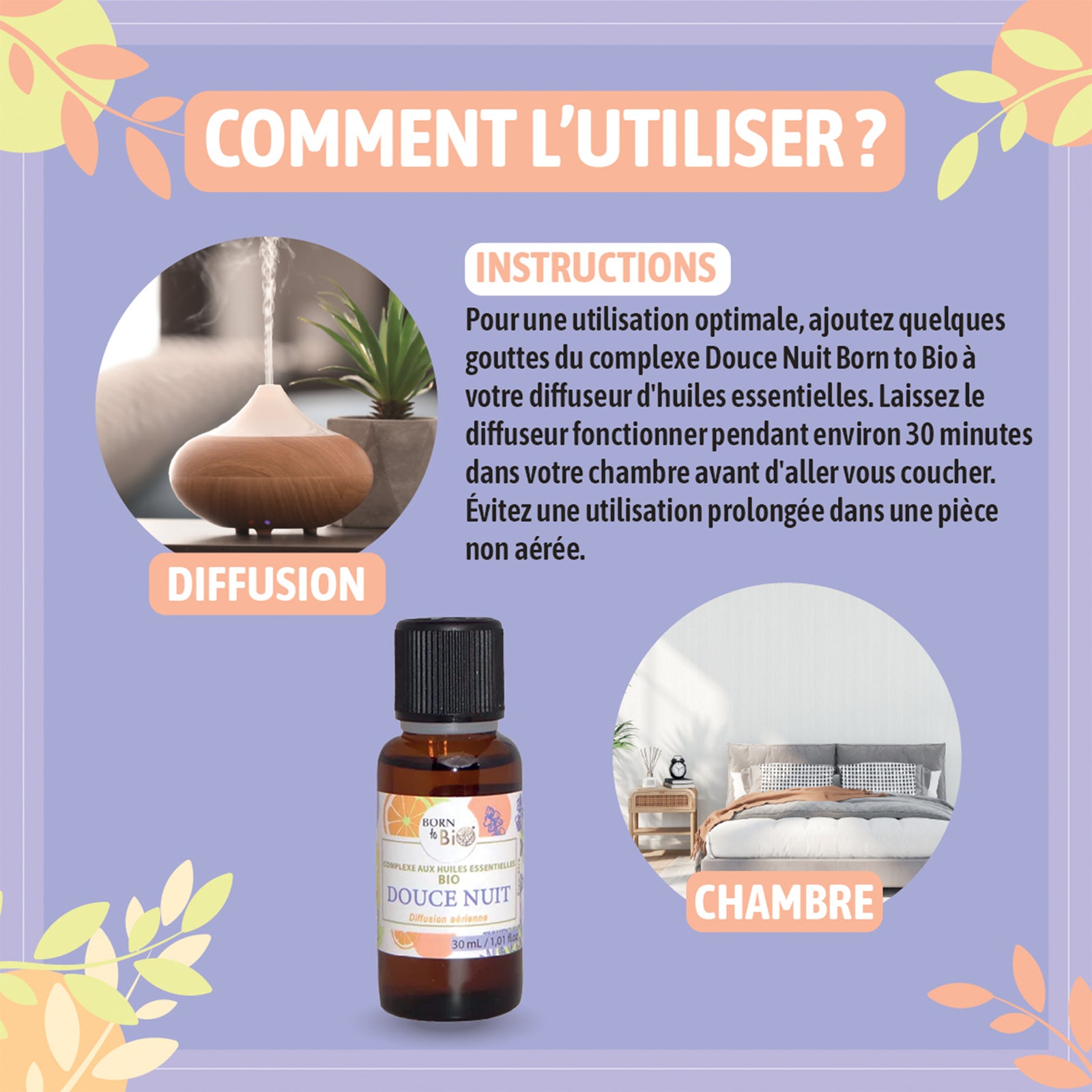 Mélange d’huiles essentielles bio pour une diffusion apaisante, favorisant le calme et la détente pour des nuits douces.