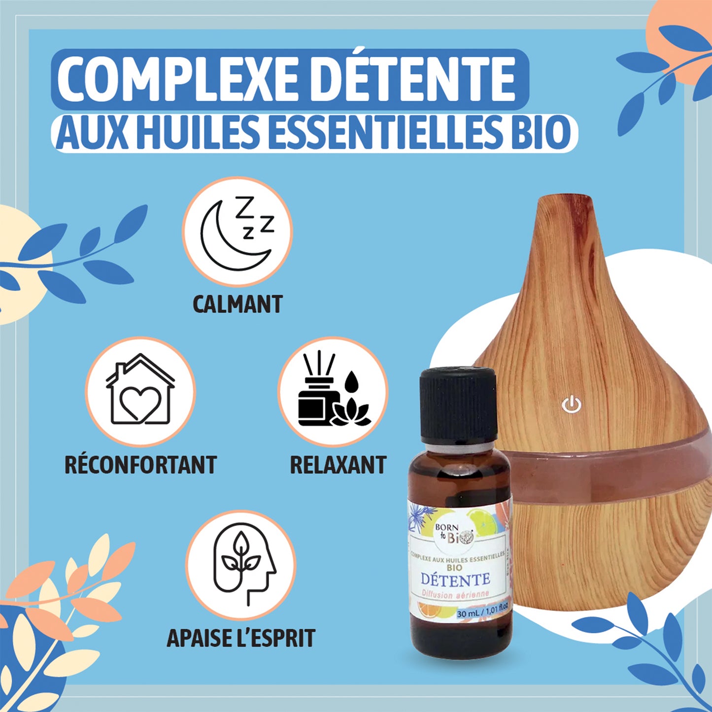 Mélange d’huiles essentielles bio pour une diffusion qui favorise le calme et le bien-être, parfait pour évacuer le stress.