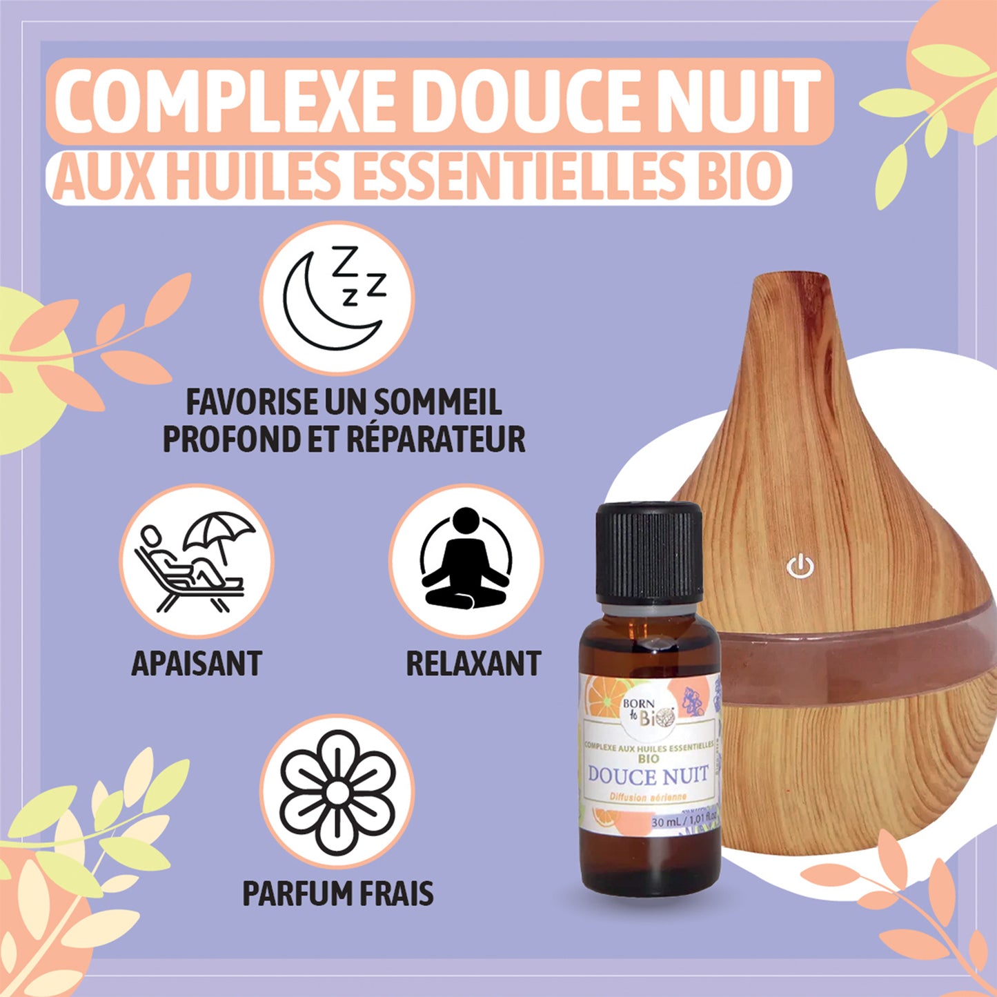 Mélange d’huiles essentielles bio spécialement conçu pour diffuser une ambiance sereine et relaxante, parfaite pour s’endormir en douceur.