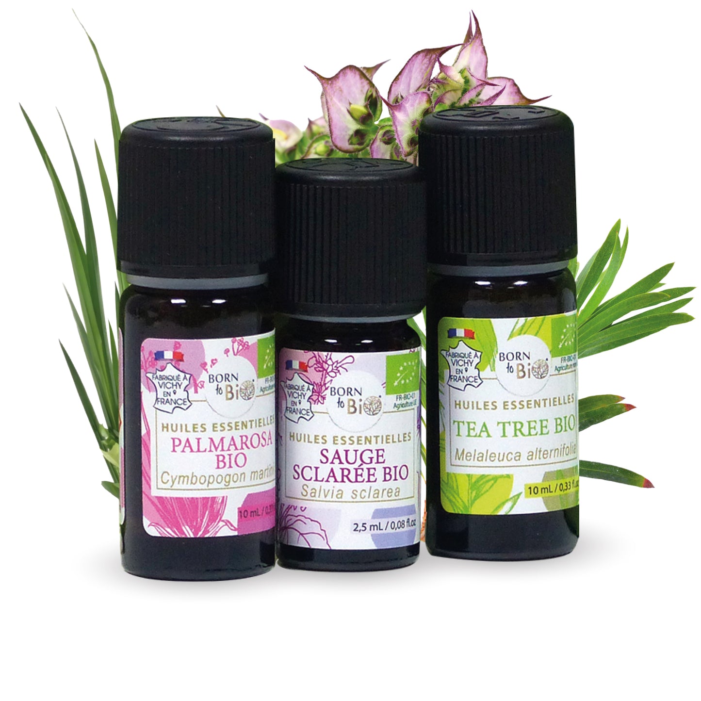 Ce coffret aux huiles essentielles bio combine Palmarosa, Tea Tree et Sauge Sclarée, idéal pour un soin visage purifiant et équilibrant, parfait pour un teint lumineux.