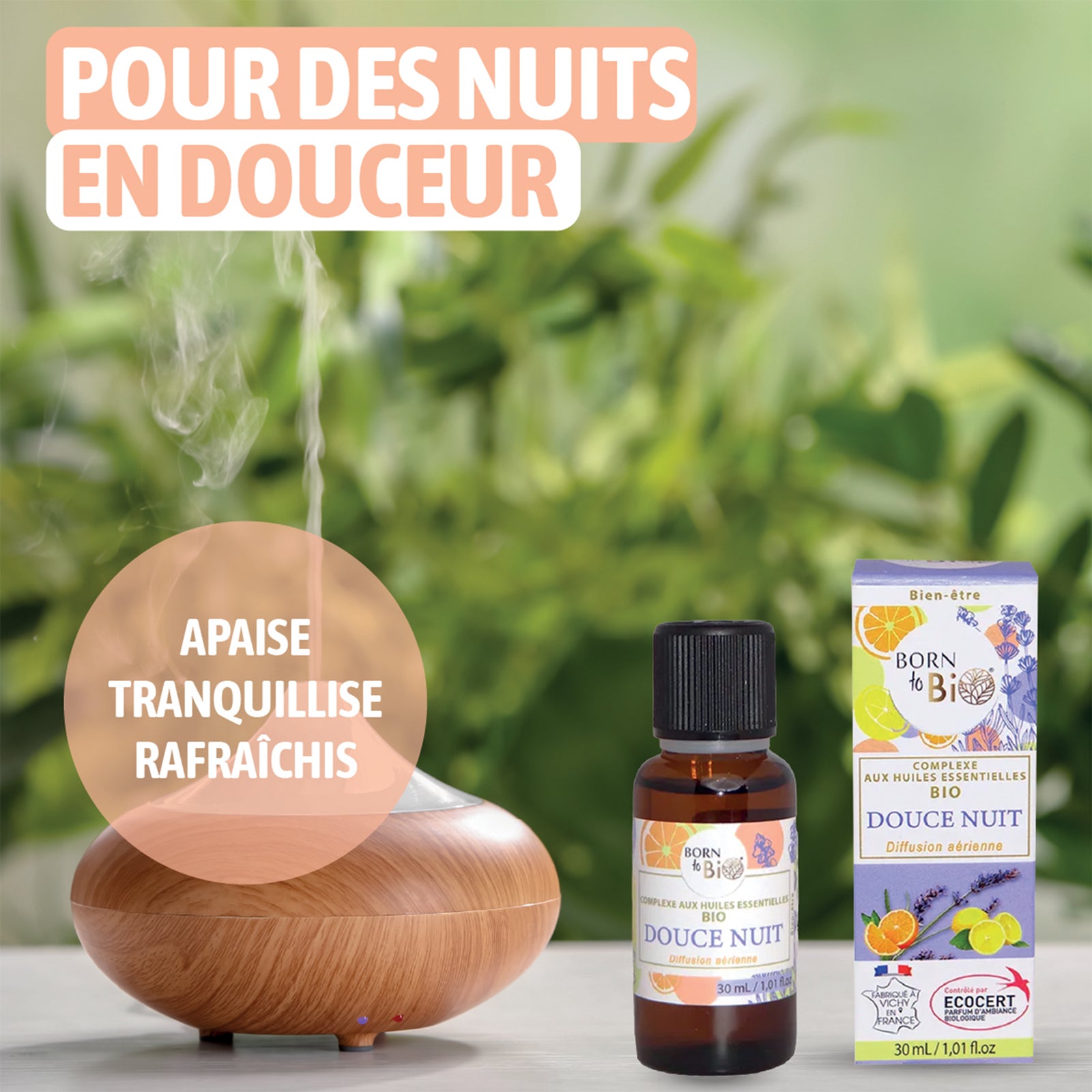 Complexe d’huiles essentielles bio pensé pour apaiser l’esprit et créer une ambiance relaxante, idéale pour une nuit réparatrice.