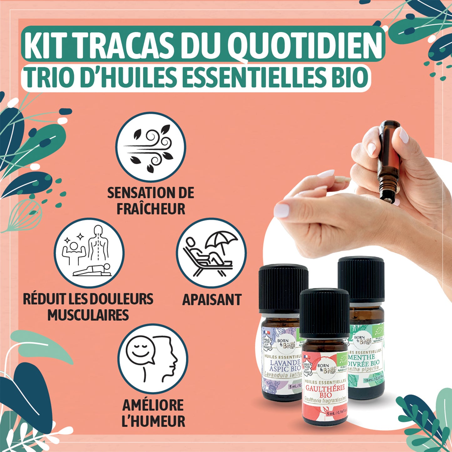 Un coffret d’huiles essentielles bio spécialement conçu pour apaiser les inconforts quotidiens. Ce mélange de Menthe Poivrée, Lavande Aspic et Gaulthérie est idéal pour soulager et revitaliser.