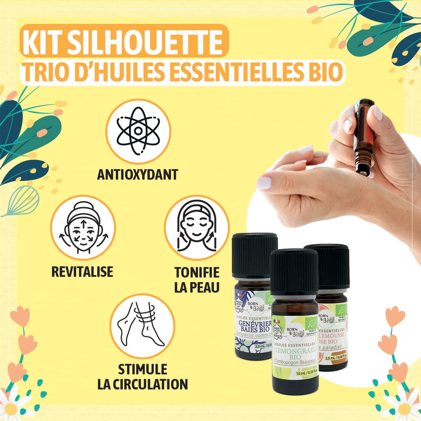 Découvrez un trio d’huiles essentielles bio (Genévrier, Lemongrass, Pamplemousse Rose) pour accompagner votre routine silhouette. Idéal pour un effet tonifiant et drainant.