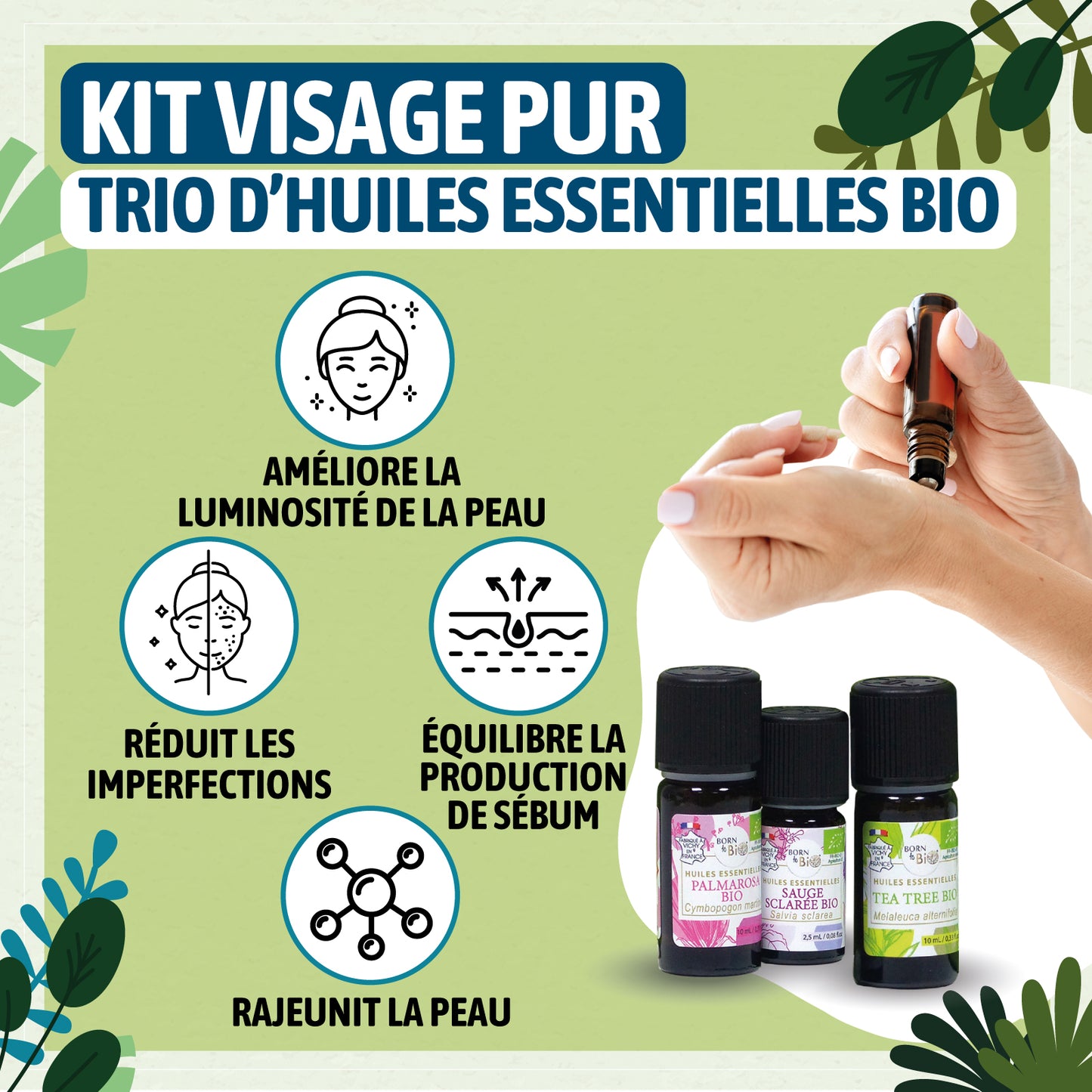 Ce coffret aux huiles essentielles bio associe Palmarosa, Tea Tree, et Sauge Sclarée pour purifier et clarifier le teint, idéal pour les peaux sujettes aux imperfections.