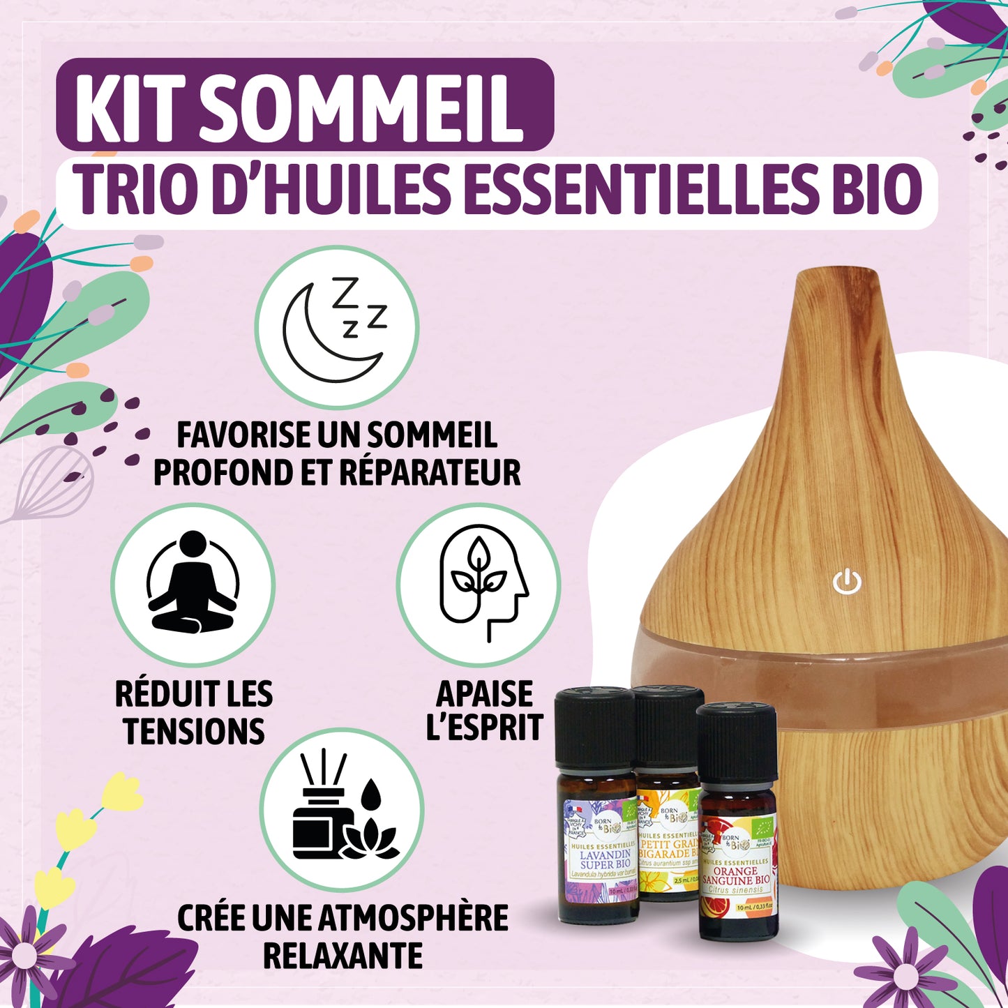 Ce coffret bio combine Lavandin Super, Petit Grain Bigarade, et Orange Sanguine, des huiles essentielles idéales pour instaurer un climat de détente et préparer au sommeil.