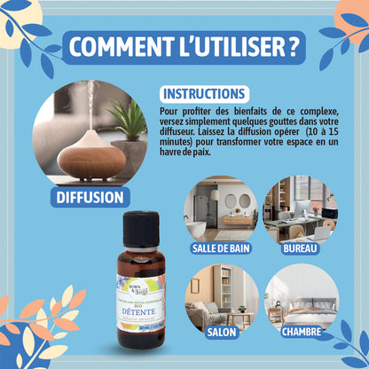 Mélange d’huiles essentielles bio spécialement formulé pour une ambiance zen et relaxante, parfait pour se détendre après une longue journée.