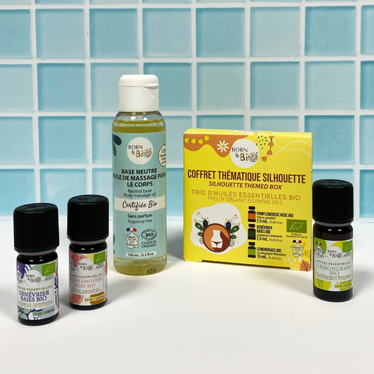 Coffret : huile de massage et kit d'huiles essentielles silhouette
