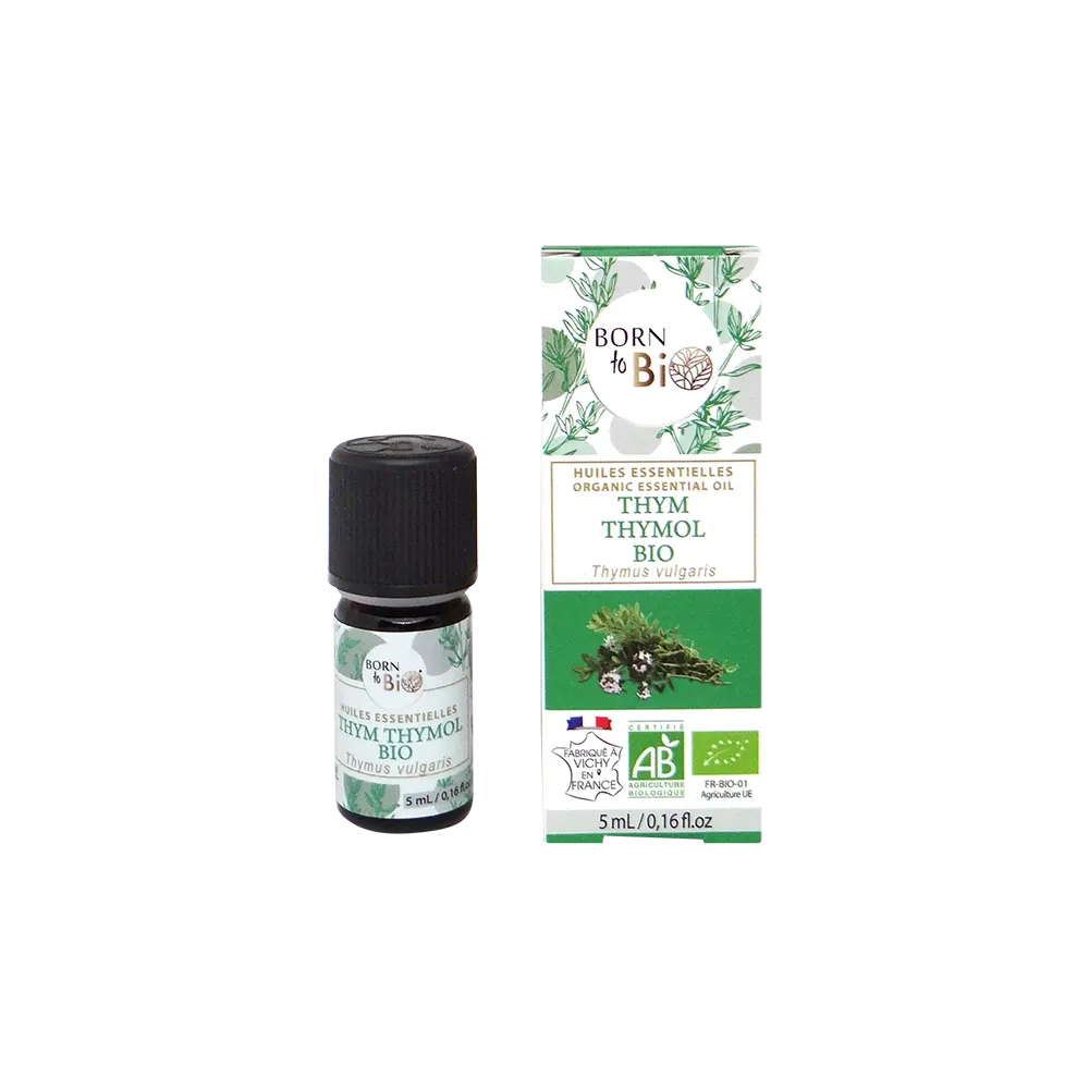 Huile essentielle de Thym à thymol bio, à l’arôme puissant et herbacé, obtenue par distillation des parties aériennes fleuries.
